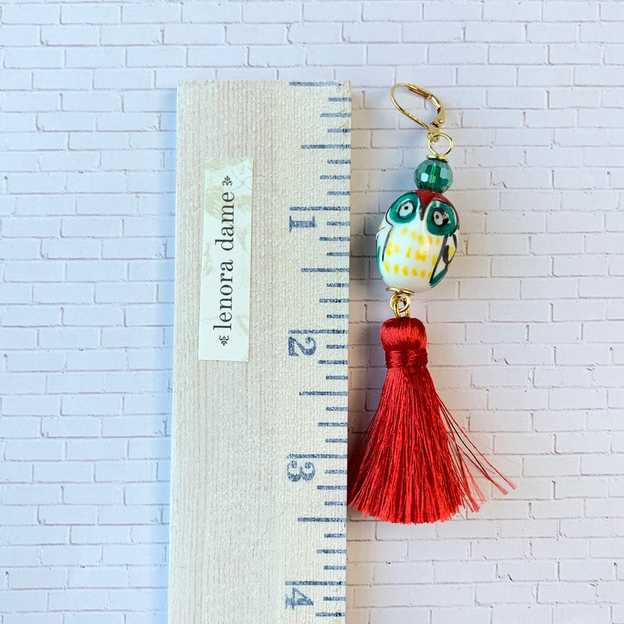 Lenora Dame Painted Ceramic Owl Tassel Earrings