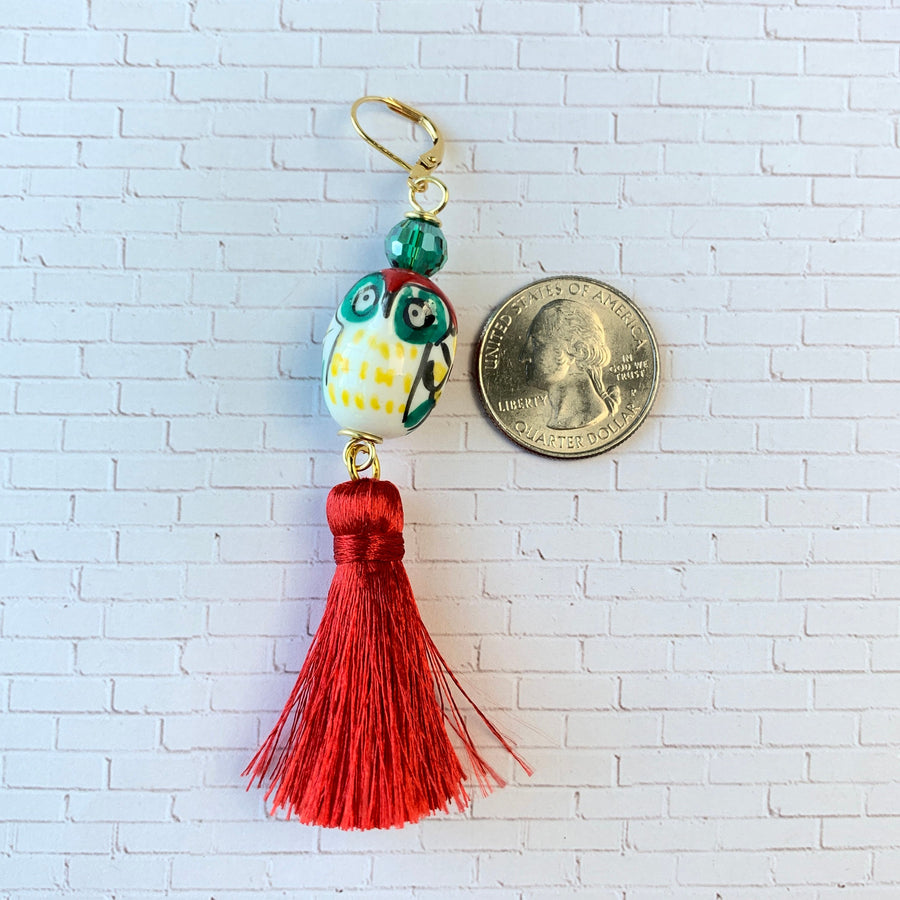 Lenora Dame Painted Ceramic Owl Tassel Earrings