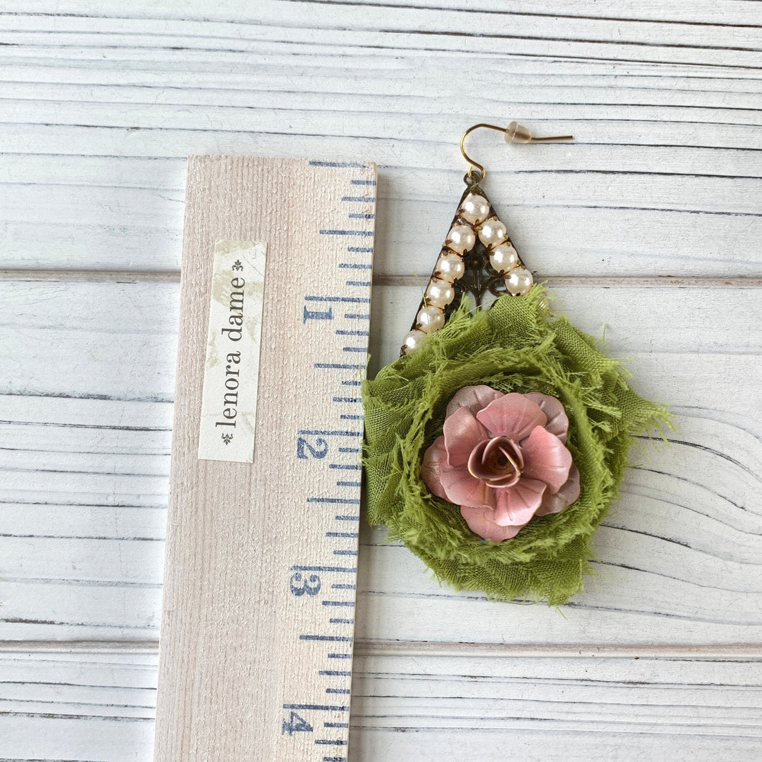 Lenora Dame Shabby Chic Rosette Drop Statement Earrings in Moss