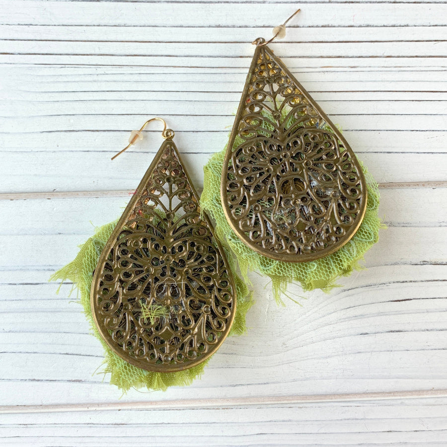 Lenora Dame Shabby Chic Rosette Drop Statement Earrings in Moss