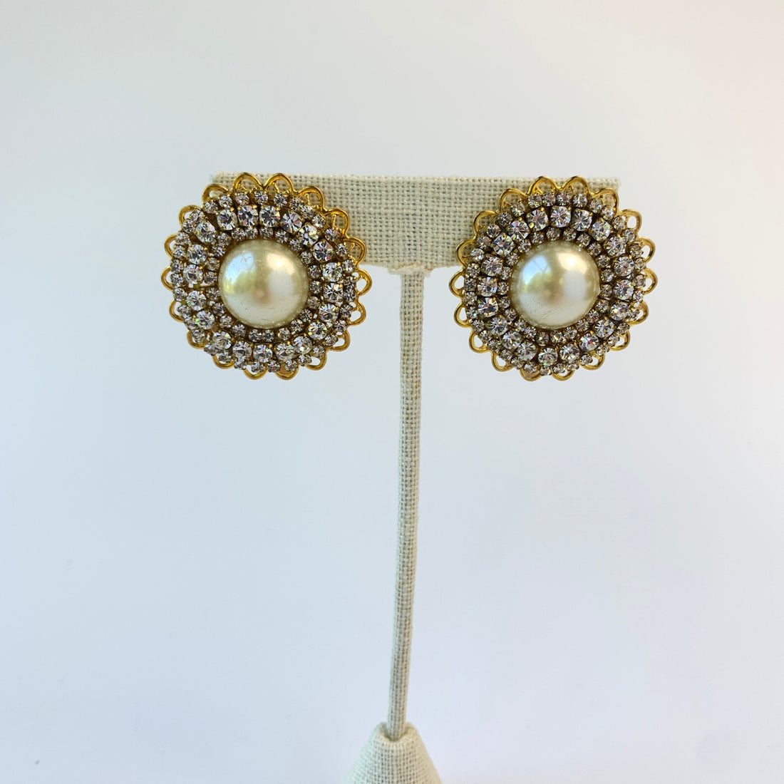 Lenora Dame Crystal Rhinestone and Pearl Clip On Earrings