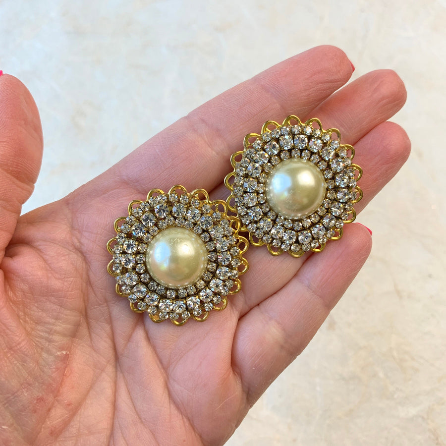 Lenora Dame Crystal Rhinestone and Pearl Clip On Earrings