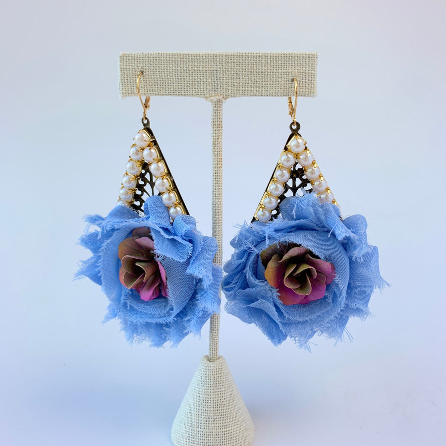 Lenora Dame Shabby Chic Rosette Drop Statement Earrings in Sky