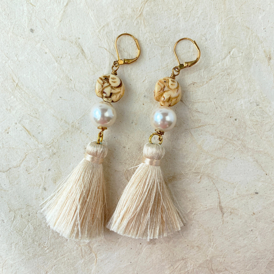 Lenora Dame Carved Elephant Tassel Earrings