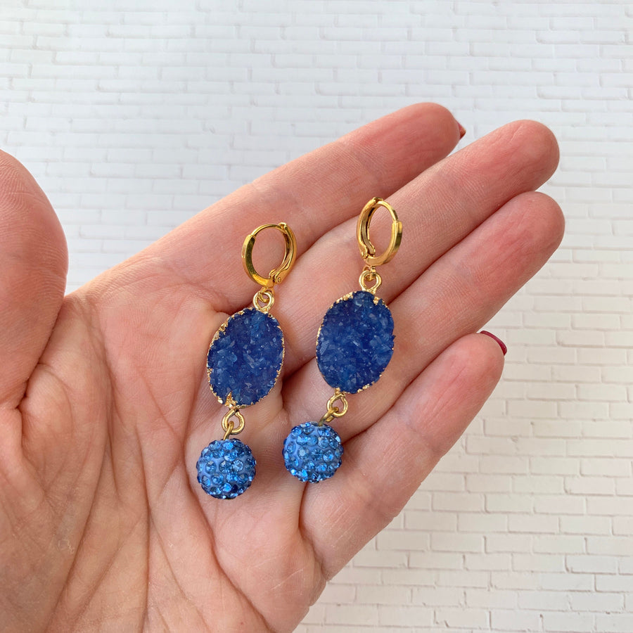 Lenora Dame Druzy Crystal Agate Earrings in Lake Blue