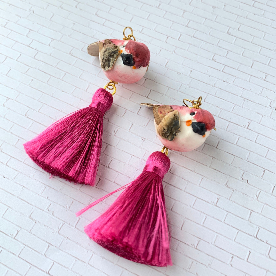 Lenora Dame Spun Cotton Bird Tassel Earrings in Magenta