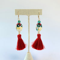 Lenora Dame Painted Ceramic Owl Tassel Earrings