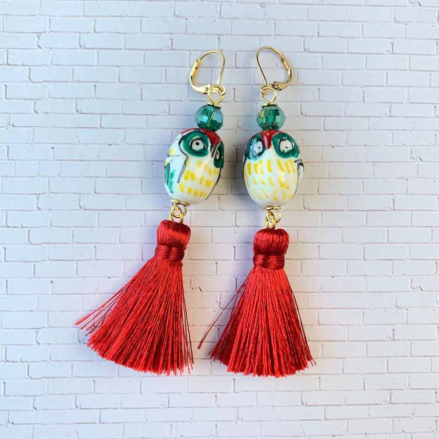 Lenora Dame Painted Ceramic Owl Tassel Earrings