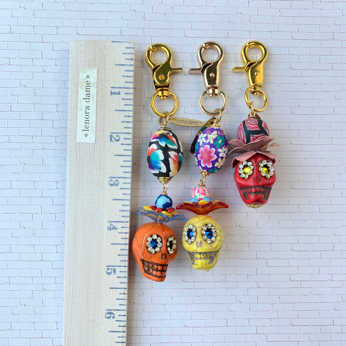 Lenora Dame Sugar Skull Keychain Charm - Purse Charm - Choice of 3 Colors