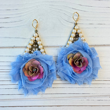 Lenora Dame Shabby Chic Rosette Drop Statement Earrings in Sky