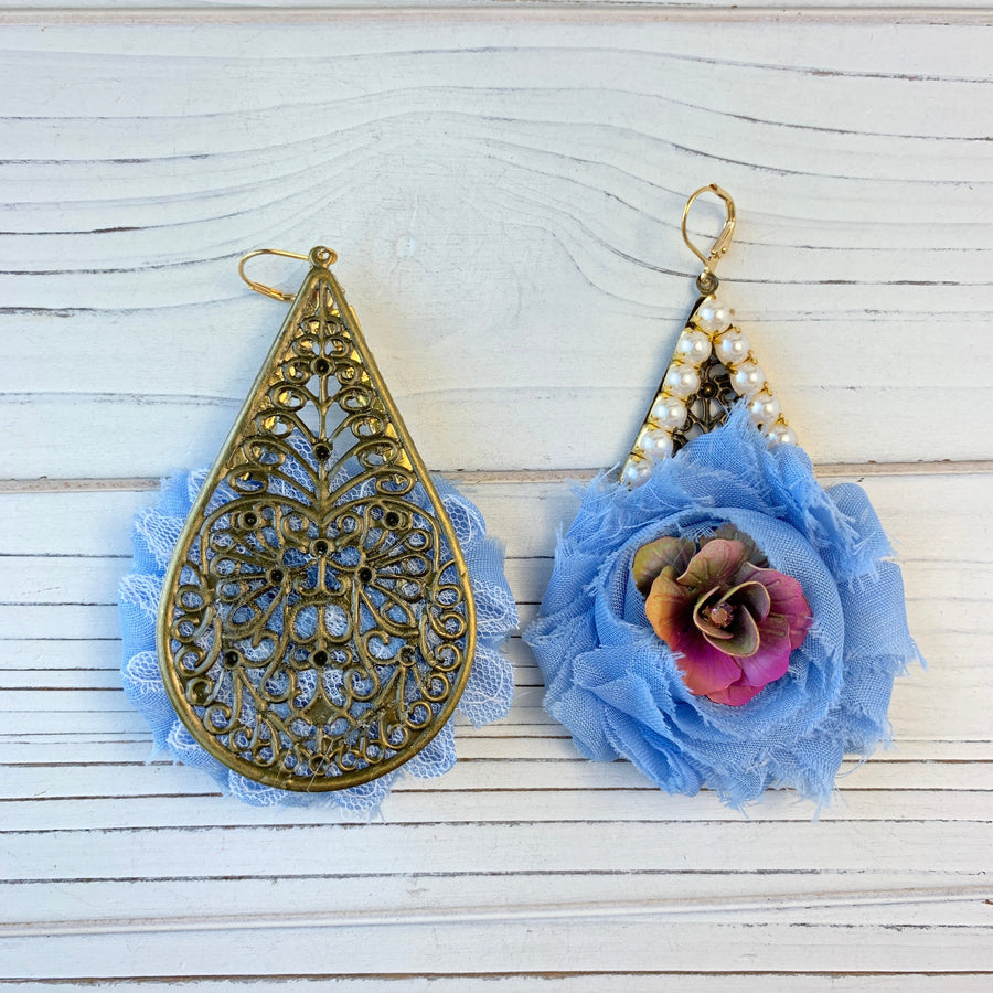 Lenora Dame Shabby Chic Rosette Drop Statement Earrings in Sky