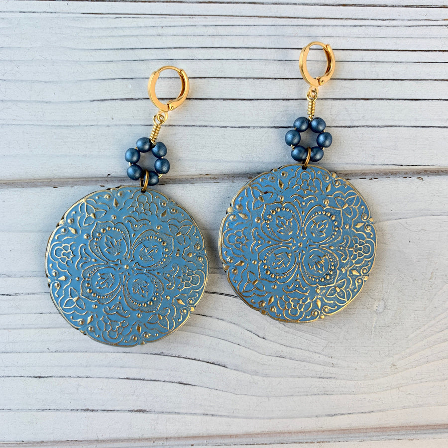 Lenora Dame French Blue Medallion Earrings