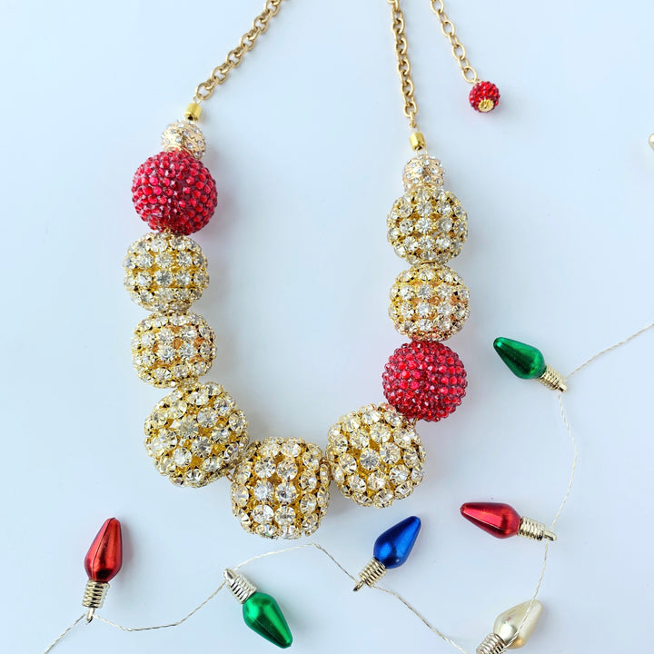 Large chunky gold beaded rhinestone necklace. 