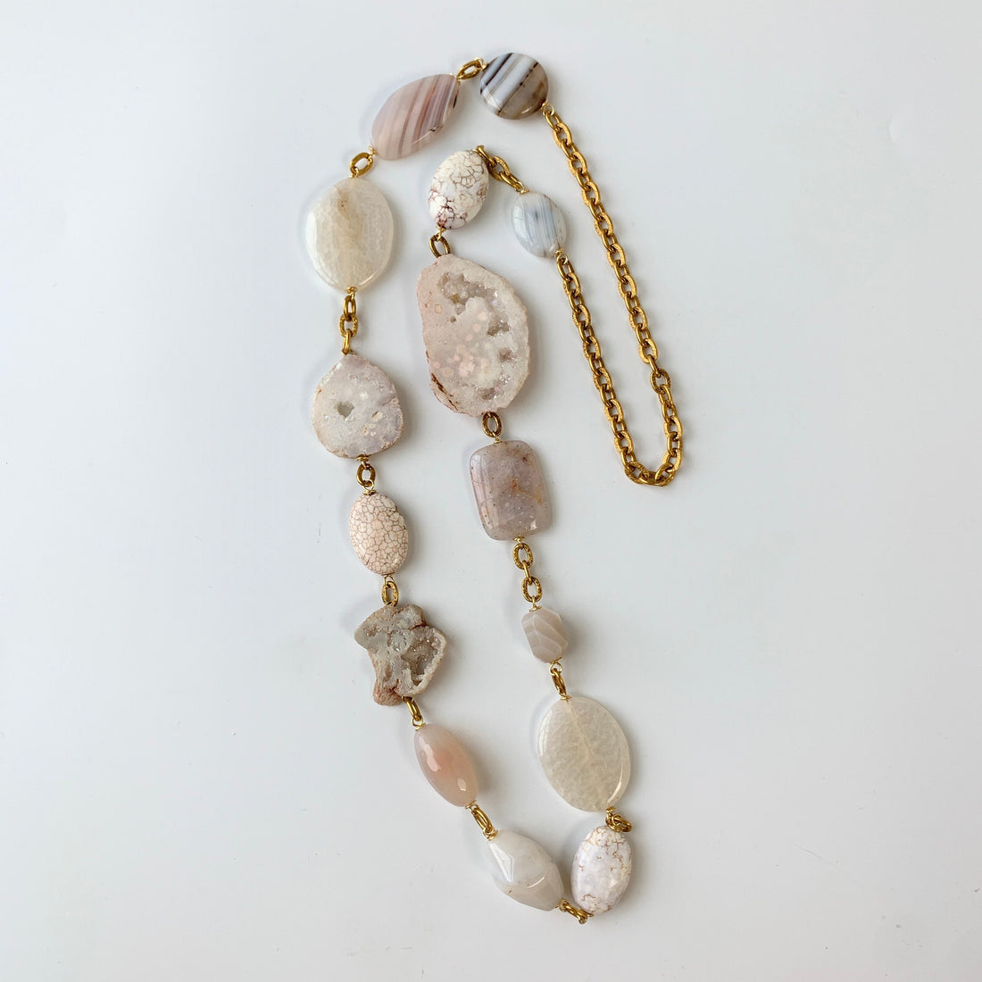 Lenora Dame White Druzy Agate Slice Long Statement Necklace