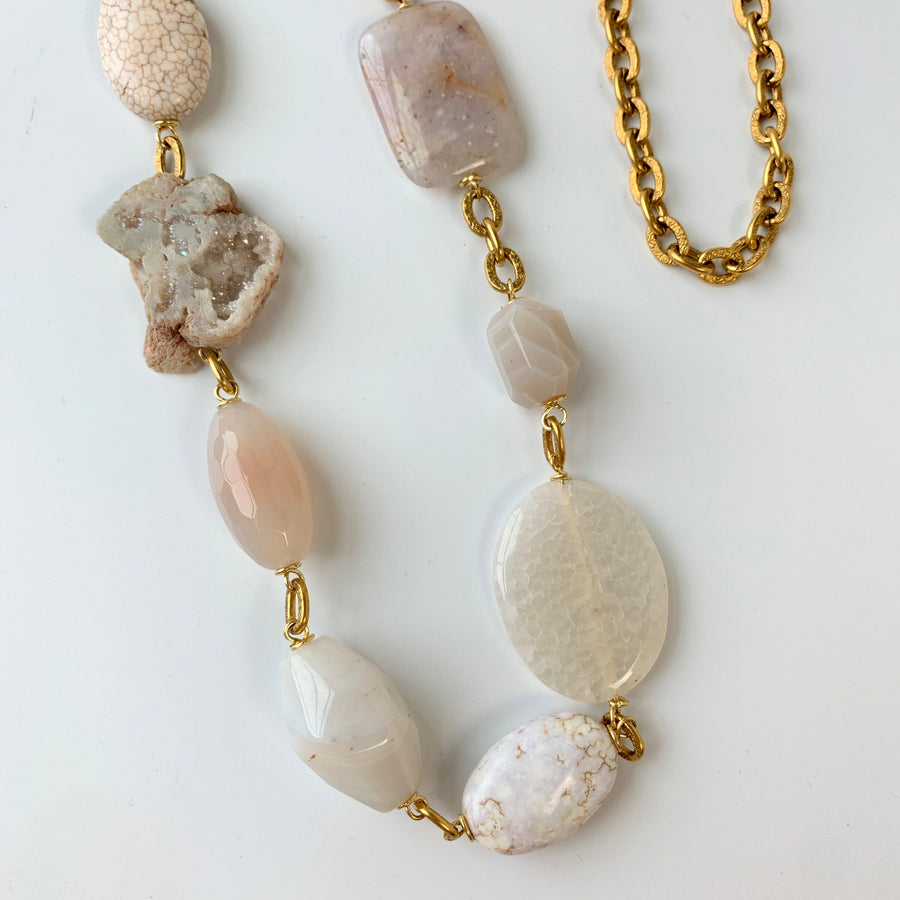 Lenora Dame White Druzy Agate Slice Long Statement Necklace