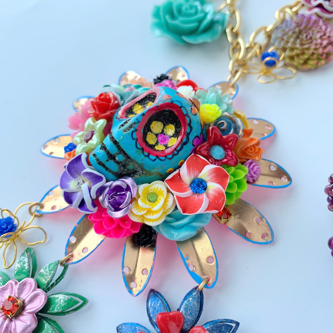 Lenora Dame Día De Los Muertos Hand-Painted Statement Necklace in La Turquesa - One-of-a-Kind