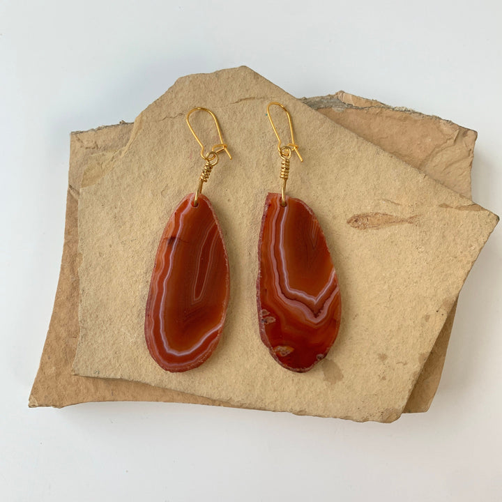 Lenora Dame Polished Agate Slice Drop Earrings in Rust