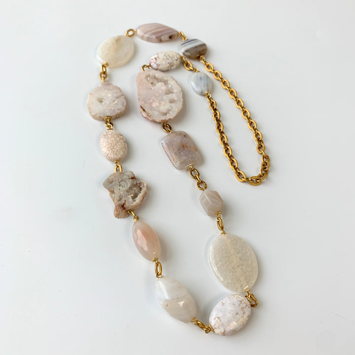 Lenora Dame White Druzy Agate Slice Long Statement Necklace