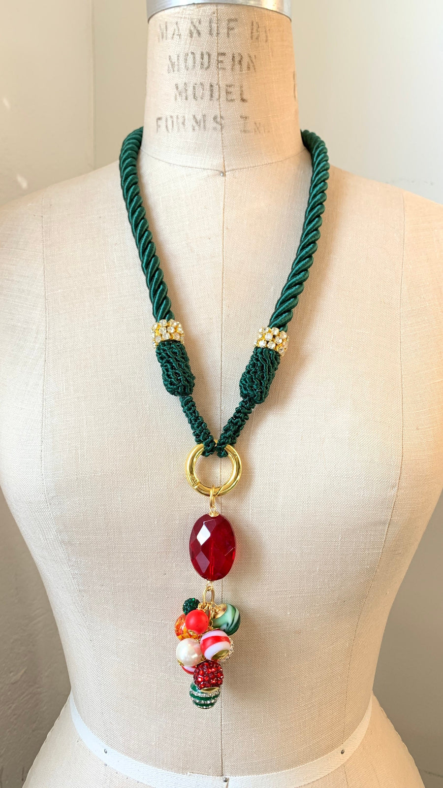 Pine Green silk cord statement necklace with red and green bead pendant. Christmas necklace for women.