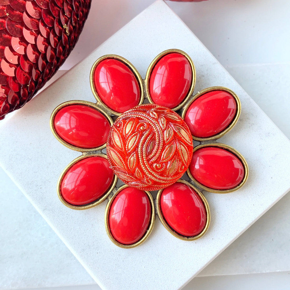 Red and gold floral brooch for Christmas. Red flower lapel pin.