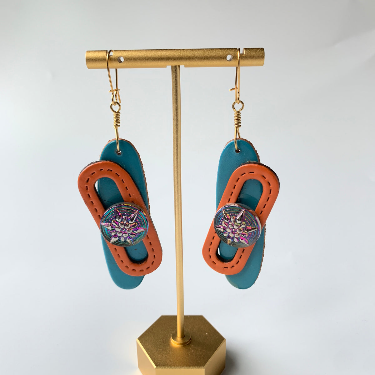 Lenora Dame Artsy Leather Dangle Earrings in Orange and Turquoise - One-of-a-Kind
