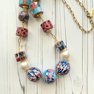 Lenora Dame Decoupage Wooden Bead Statement Necklace