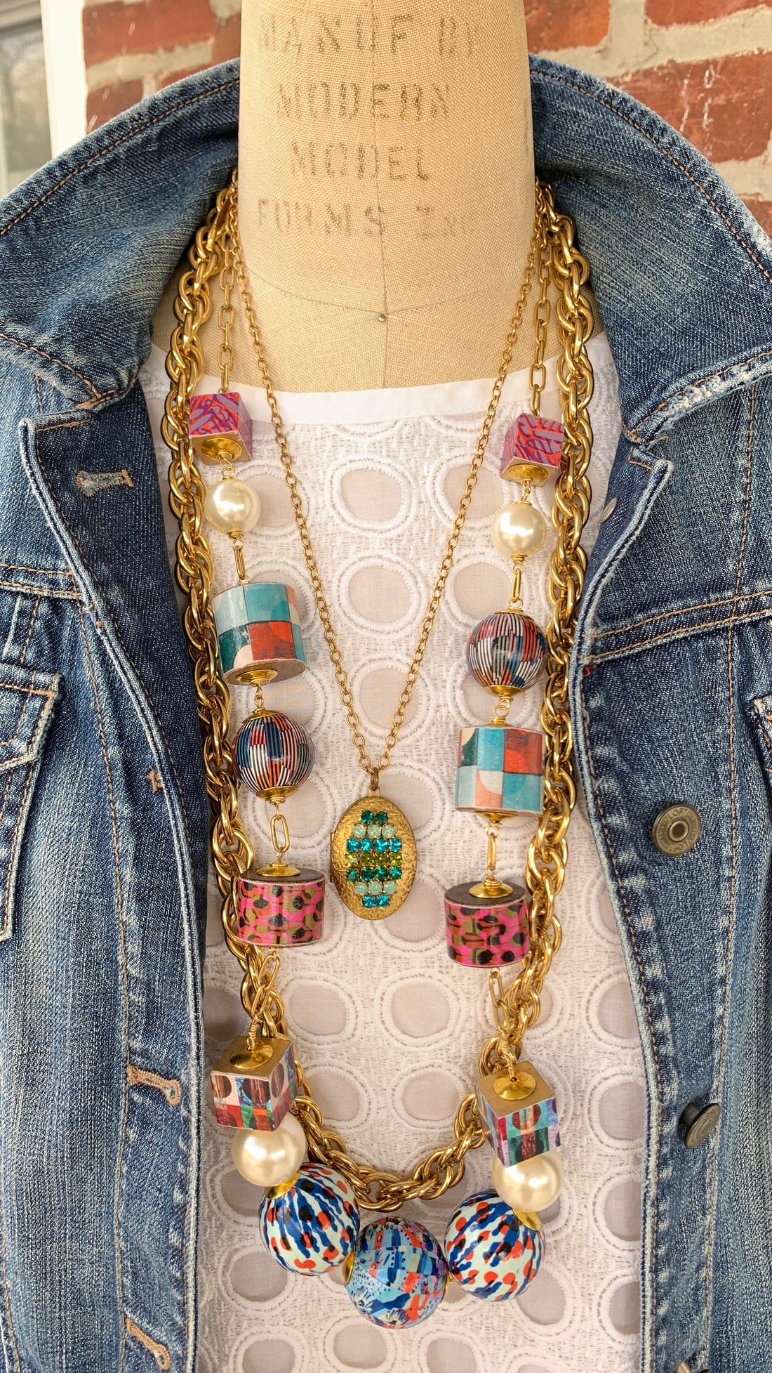 Lenora Dame Decoupage Wooden Bead Statement Necklace